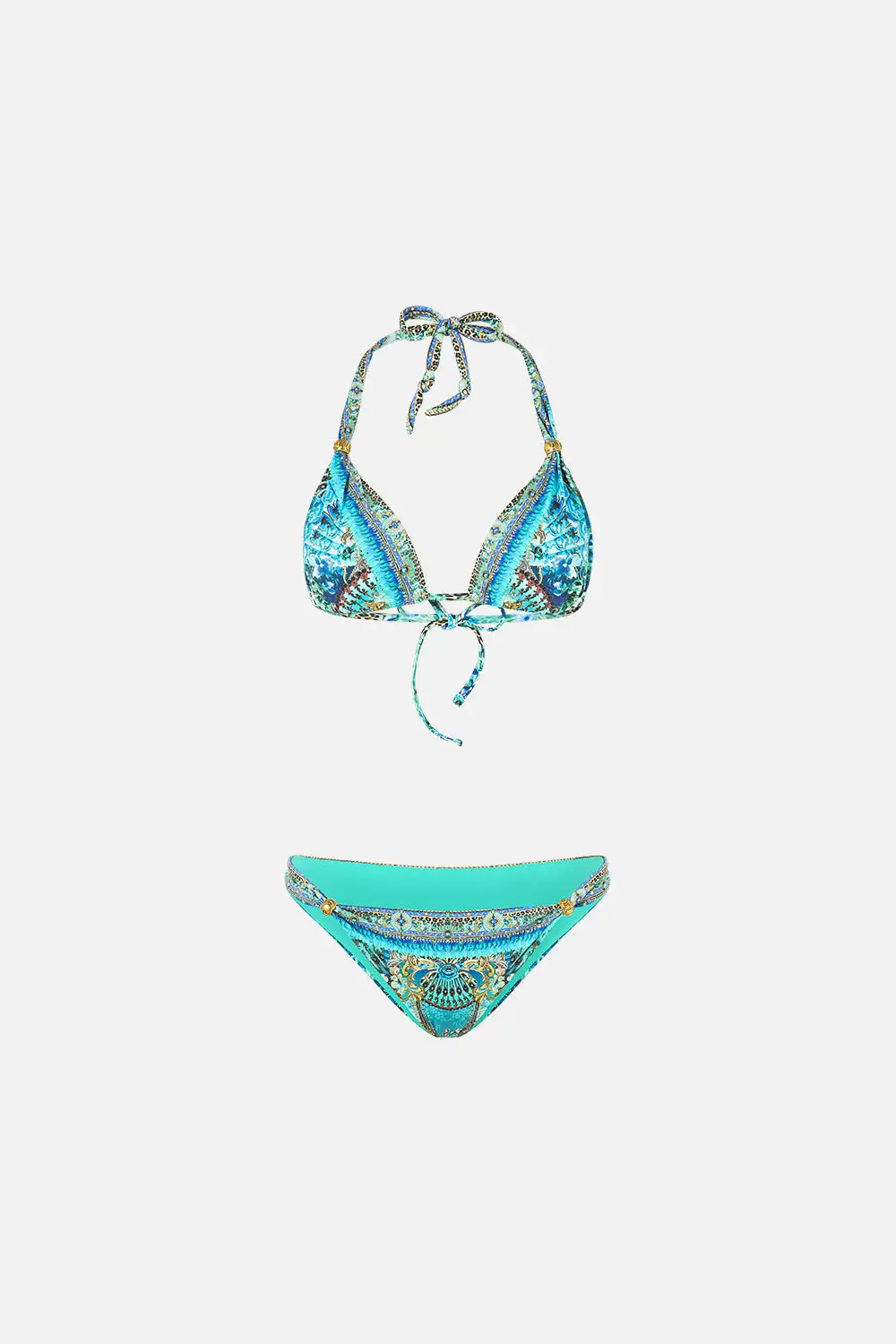 Ball Trim Tri Bikini Set with Thick Neck Tie