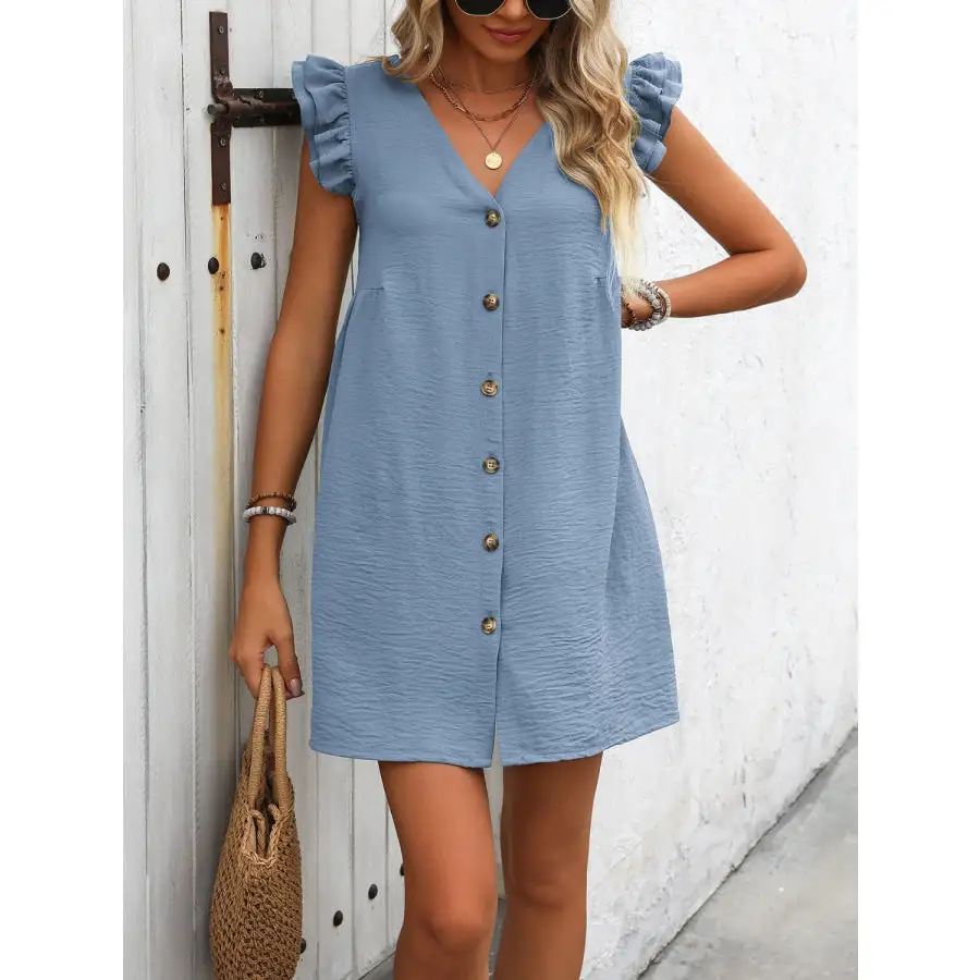 Button Up V-Neck Cap Sleeve Mini Dress