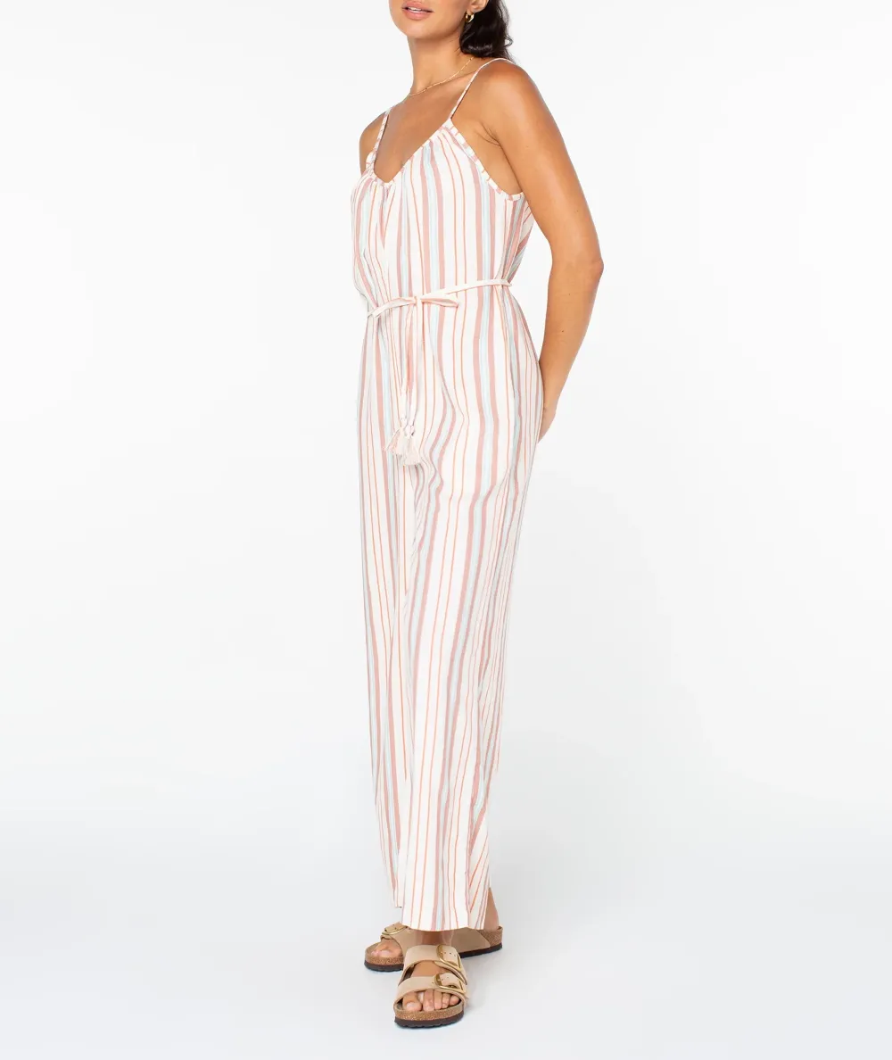 Striped Elastic Waist Cinching Long One-Piece Dress