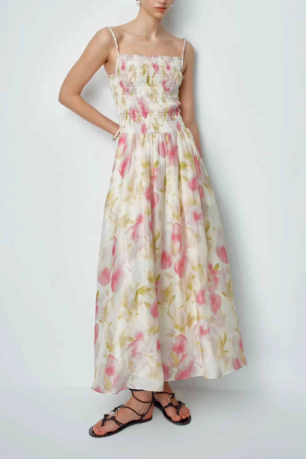 Shirred Handcrafted Silk Linen Blend Maxi Dress