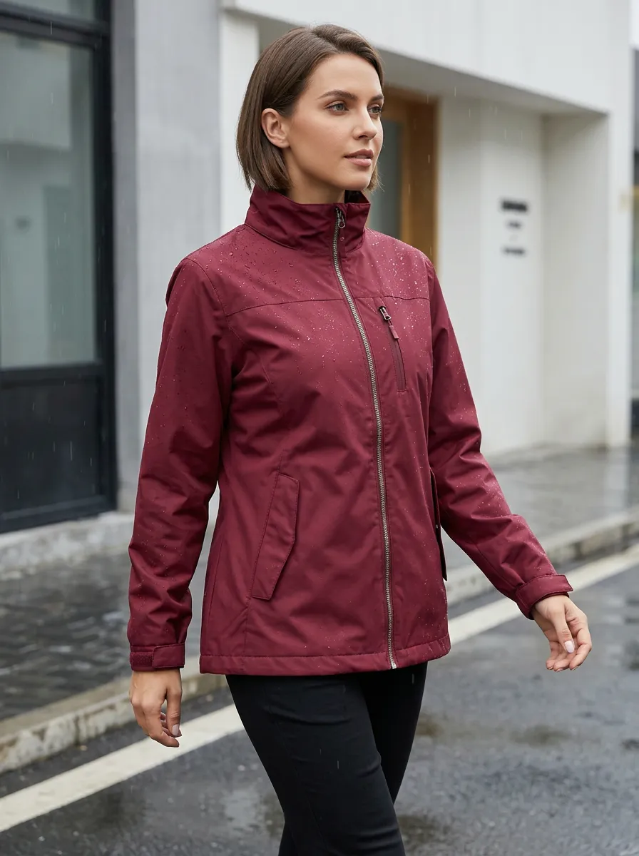 Women's Burgundy Waterproof Zip-Up Jacket