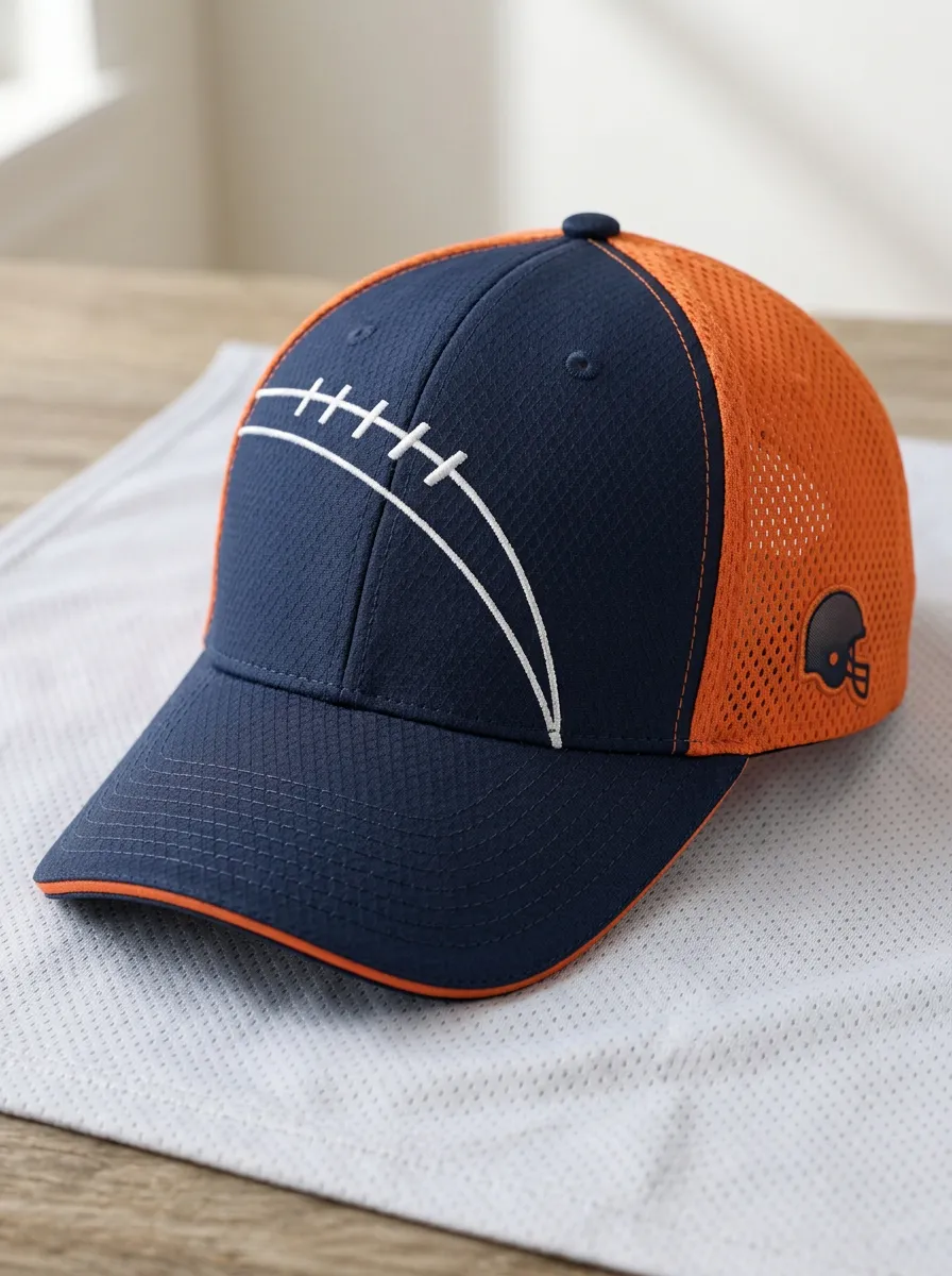 Men's Football Fan Navy Orange Embroidered Logo Mesh Cap