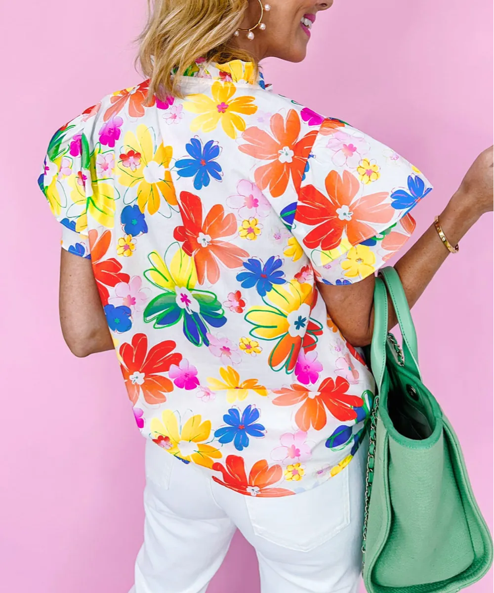 White Floral Bouquet Flutter Top