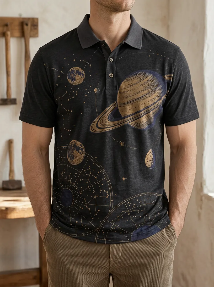 Men's Space Astronomy Saturn Moon Printed Polo Shirt Everyday Casual Style