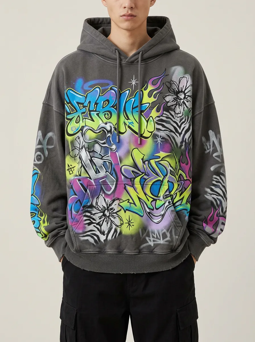 Unisex Streetwear Graffiti Flower Flame Graphic Hoodie