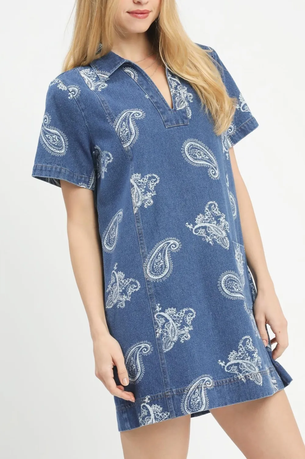 Relaxed Denim Paisley Print Short Sleeve Dress