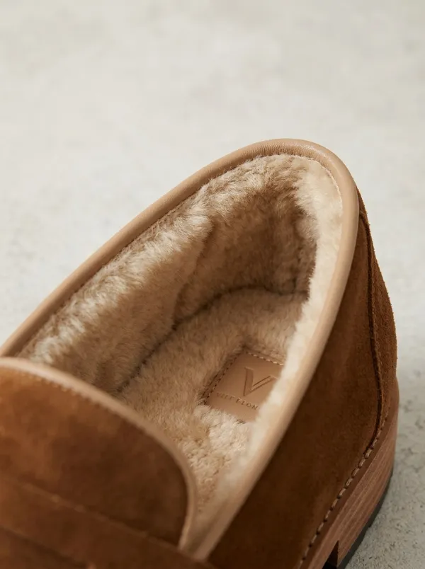 Women's Refined Faux Fur Lined Suede Wood Sole Loafers