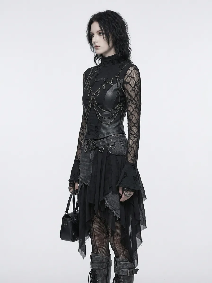 Women's Gothic Black Veil Chain Key Embellished Long Sleeve Top