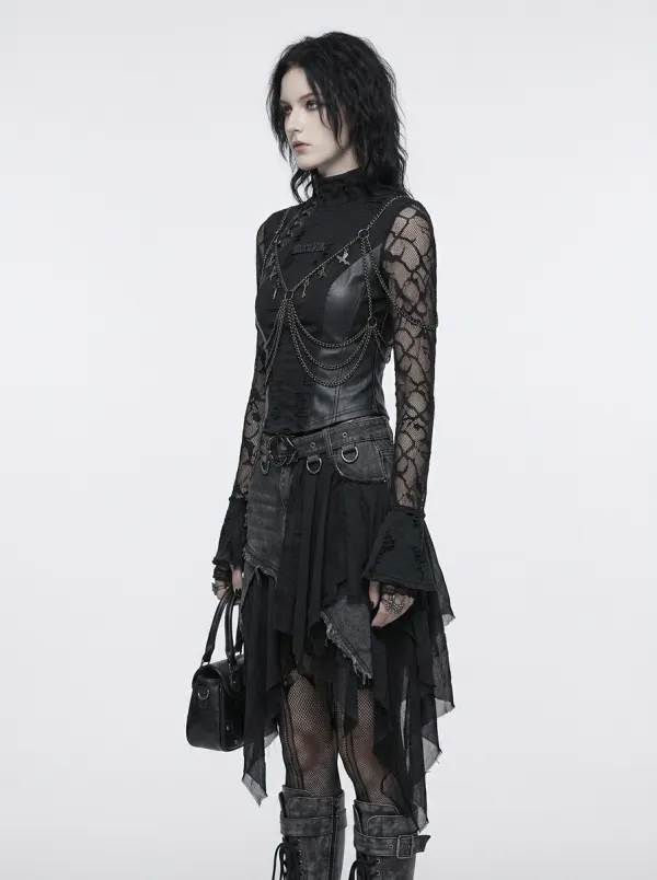 Women's Gothic Black Veil Chain Key Embellished Long Sleeve Top