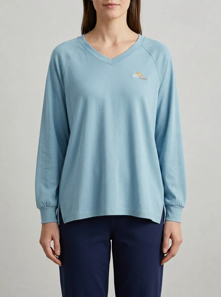 Women's Sun-Cloud Embroidered V-Neck Long-Sleeve Top