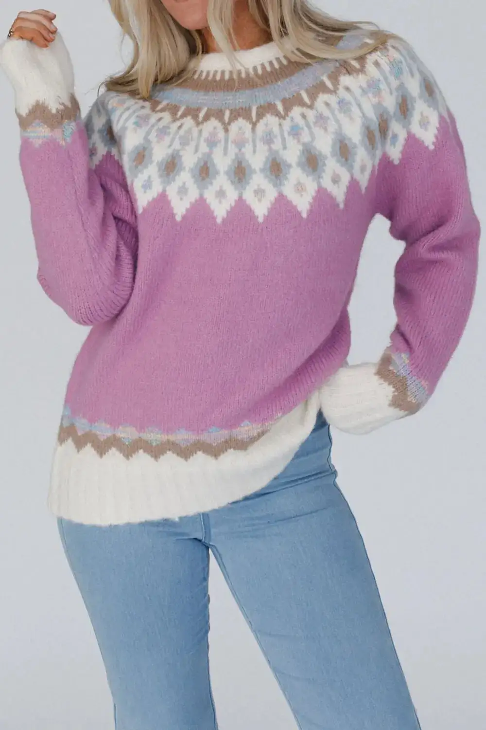 Long Sleeve Round Neck Geometric Sweater