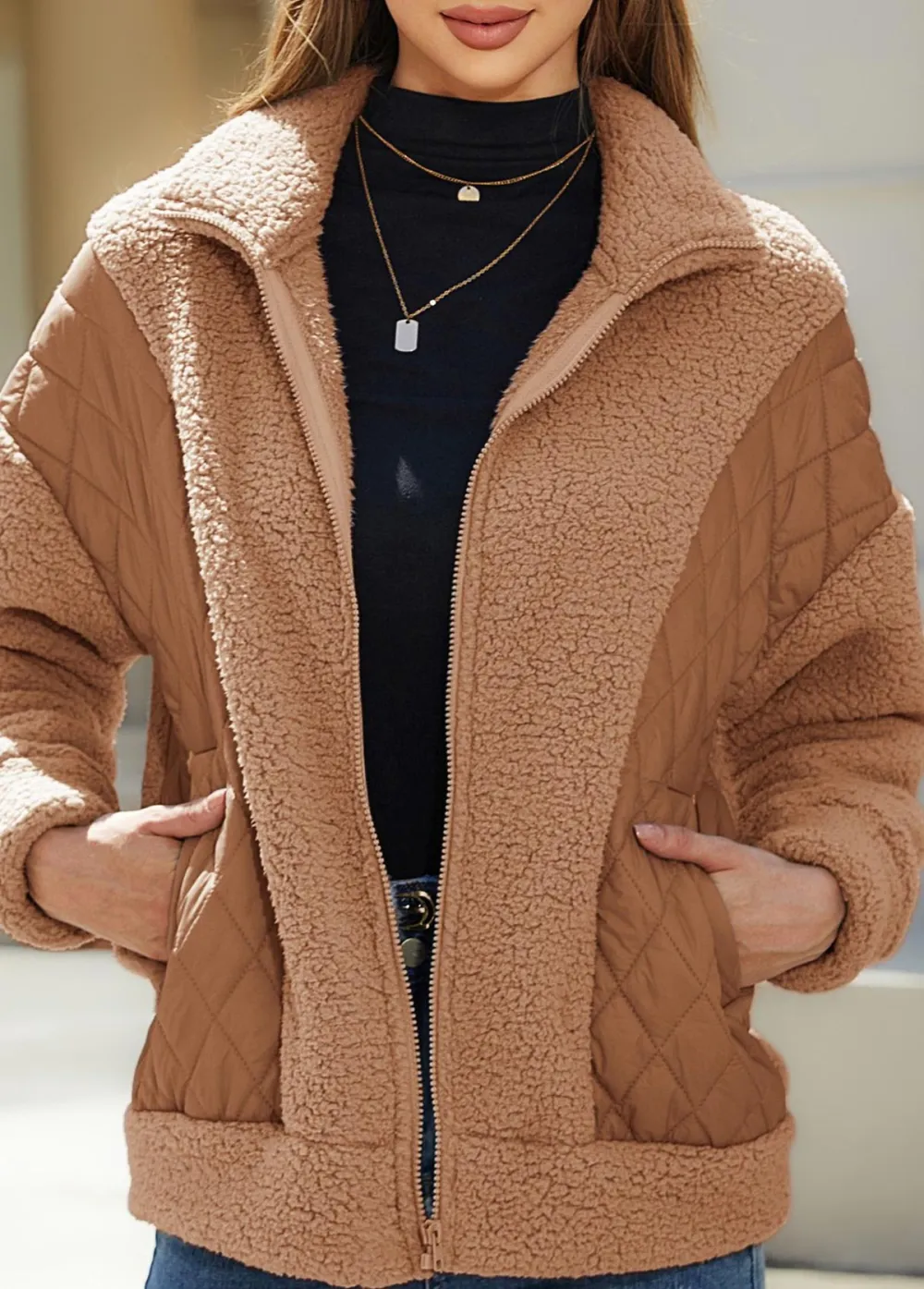 Light Coffee Pocket Long Sleeve Turn Down Collar Coat