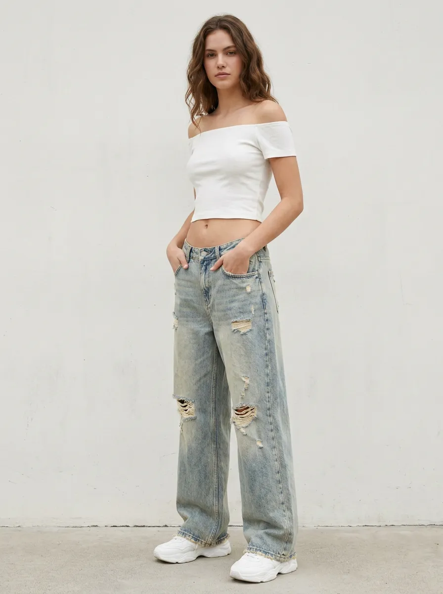 Women's Everyday Vintage Distressed Wide Leg Denim Baggy Jeans