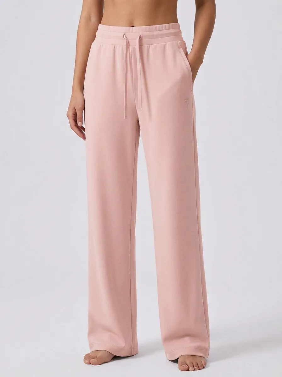 Women's Minimalist Solid Light Gray Drawstring Wide Leg Sweatpants