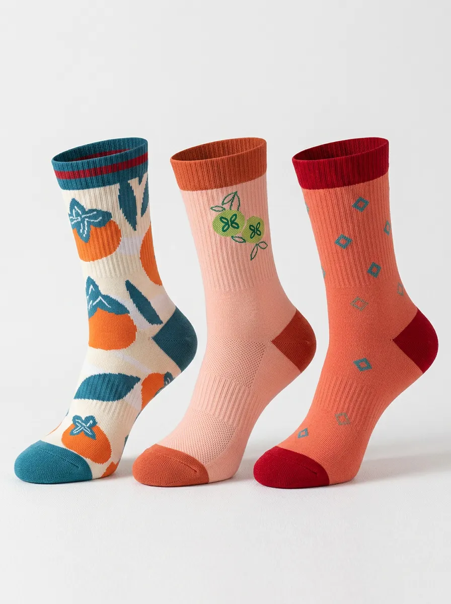 Fruit Pattern Botanical Geometric 3-Pair Mid-Calf Athletic Socks