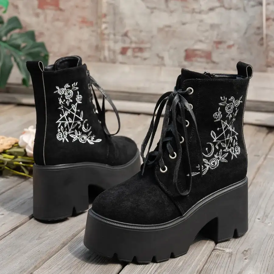 Embroidered Platform Combat Boots