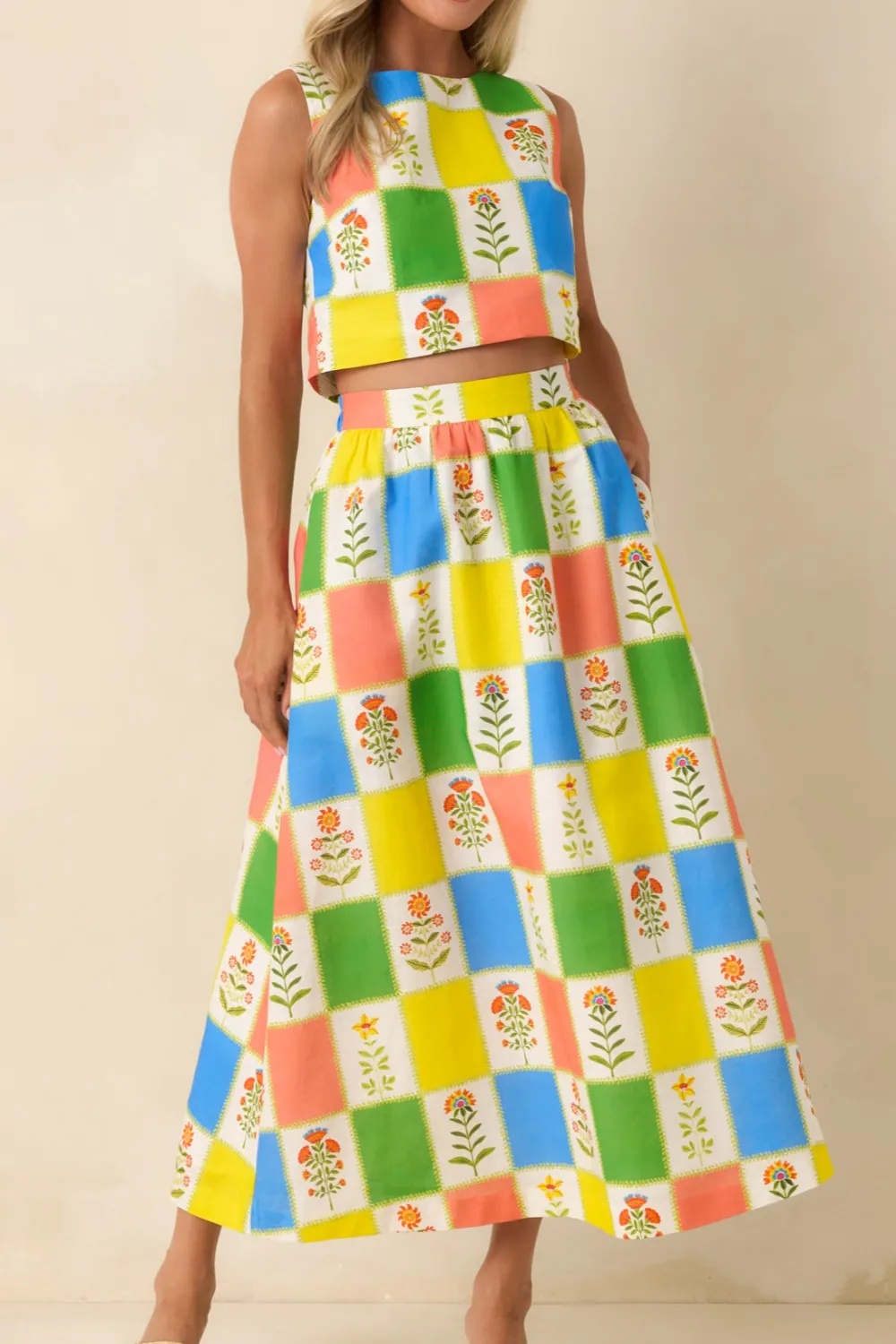 Maddie Multi Floral Patchwork Linen Blend Maxi Skirt
