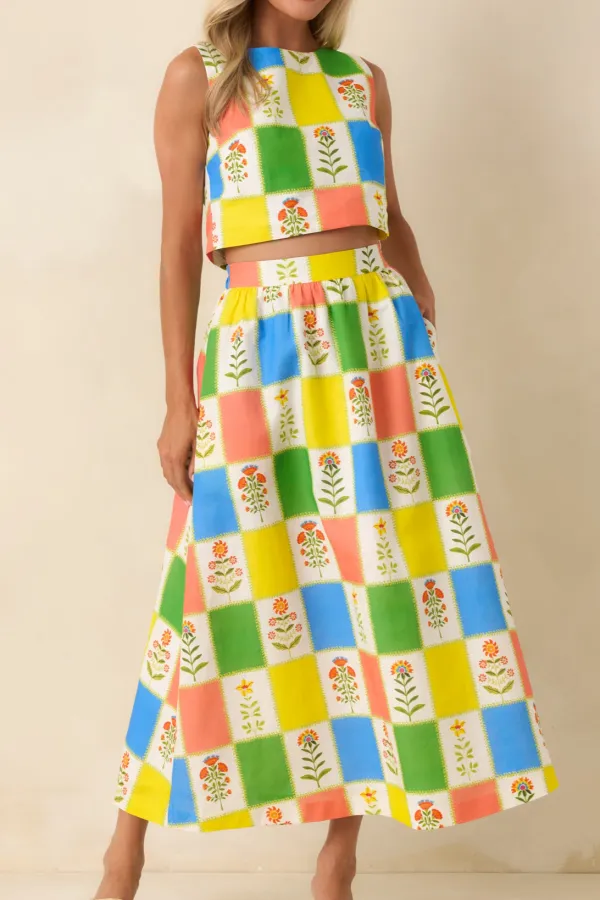 Maddie Multi Floral Patchwork Linen Blend Maxi Skirt