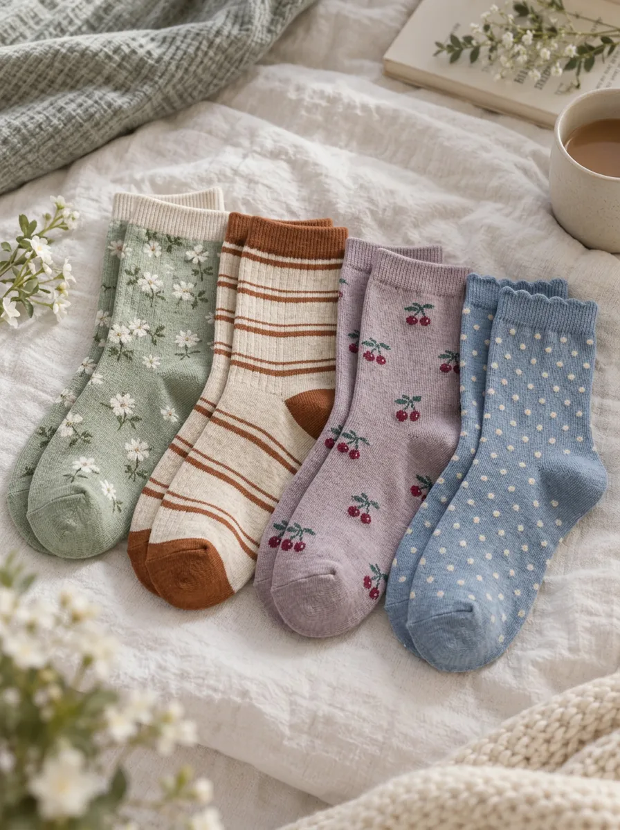 Women's Vintage Floral Striped Cherry Polka Dot Printed Socks Set