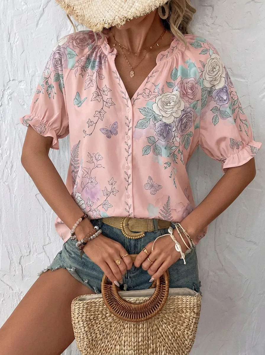 Women's Floral Butterfly Botanical Printed Button-Down Blouse