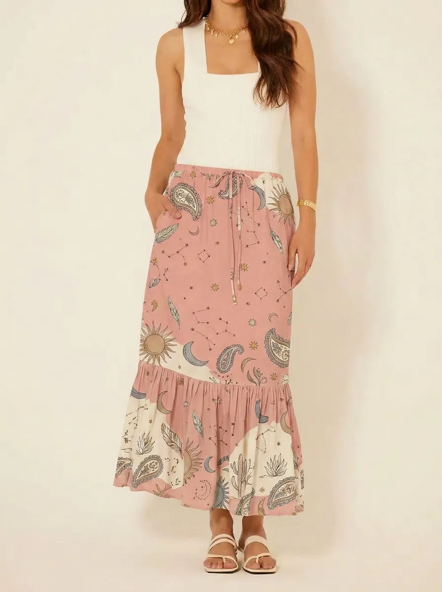 Women's Boho Celestial Sun Moon Paisley Printed Midi Skirt