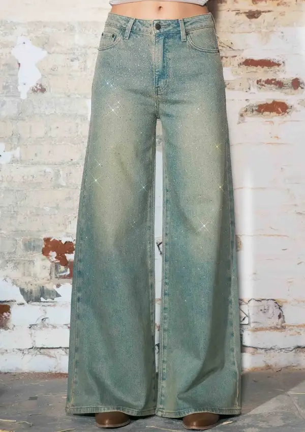 Faded Rhinestone Wide Leg Jeans