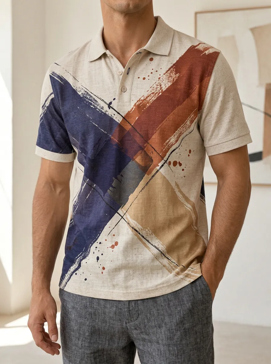 Men's Abstract Art Geometric Brushstroke Printed Polo Shirt Everyday Casual Style