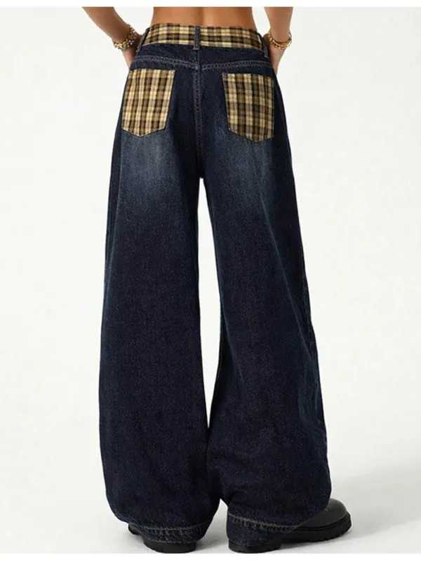 Vintage Checked Patch Belt Wide Leg Denim Pants