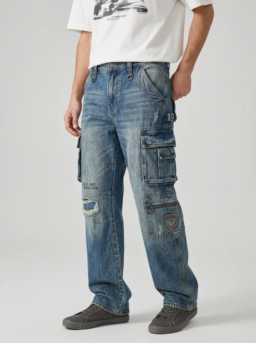 Men's Vintage Distressed Patchwork Graphic Cargo Pants
