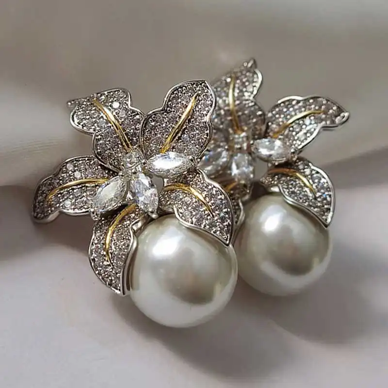 Big Round Faux Pearl And CZ Flower Stud Earrings