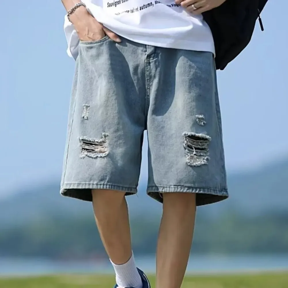 Modern Distressed Loose Fit Washed Denim Shorts
