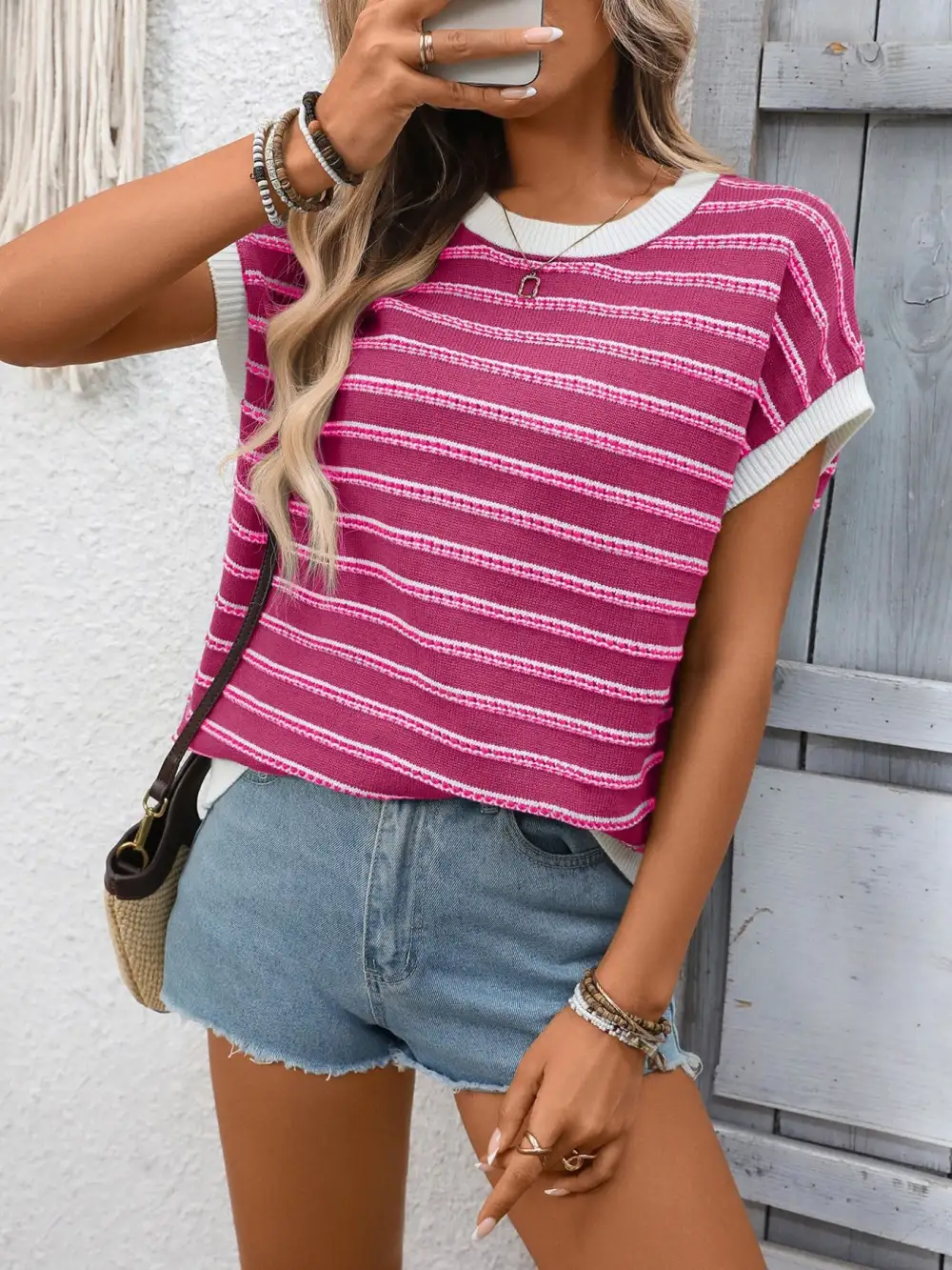 Short Sleeve Round Neck Ribbed Sweater