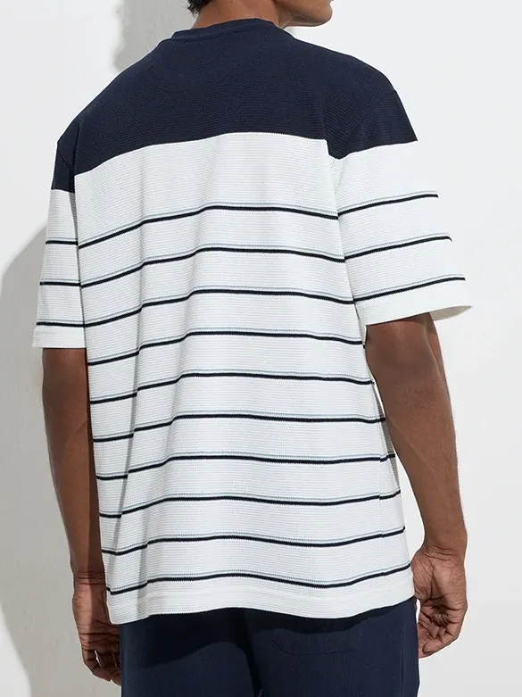 Striped Loose  White Cotton-Blend T-Shirt
