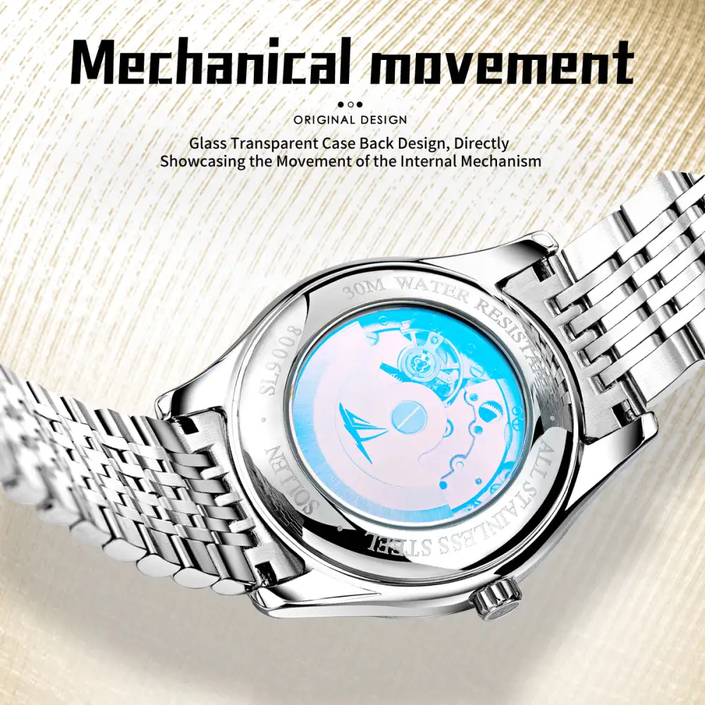 Sollen 9008 Automatic Watch - Men's Sunray Dial Slim Profile 9-Bead Stainless Steel Bracelet Wristwatch