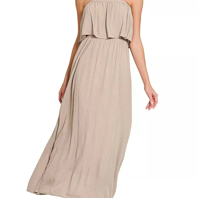 Elegant Woven Crinkle Strapless Maxi Dress