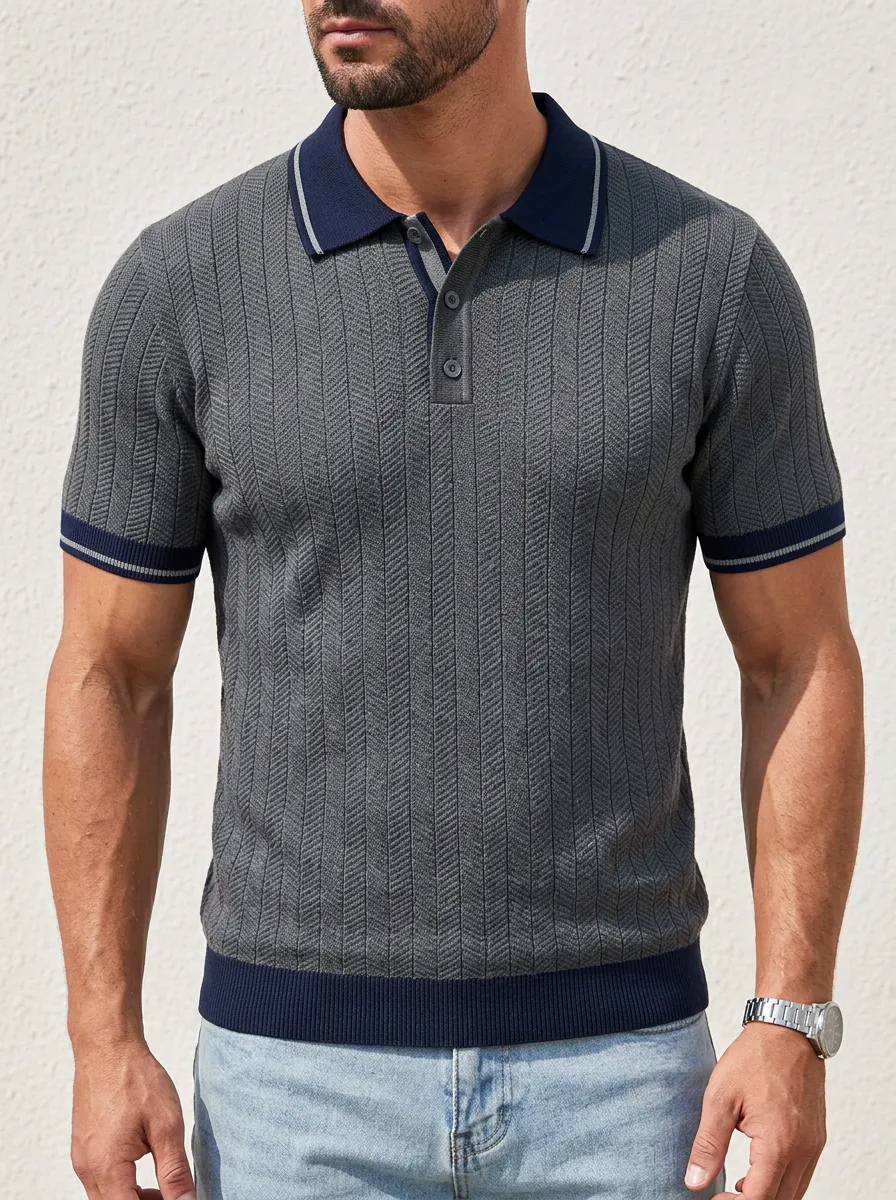 Men's Casual Fashion Herringbone Textured Knit Polo Shirt