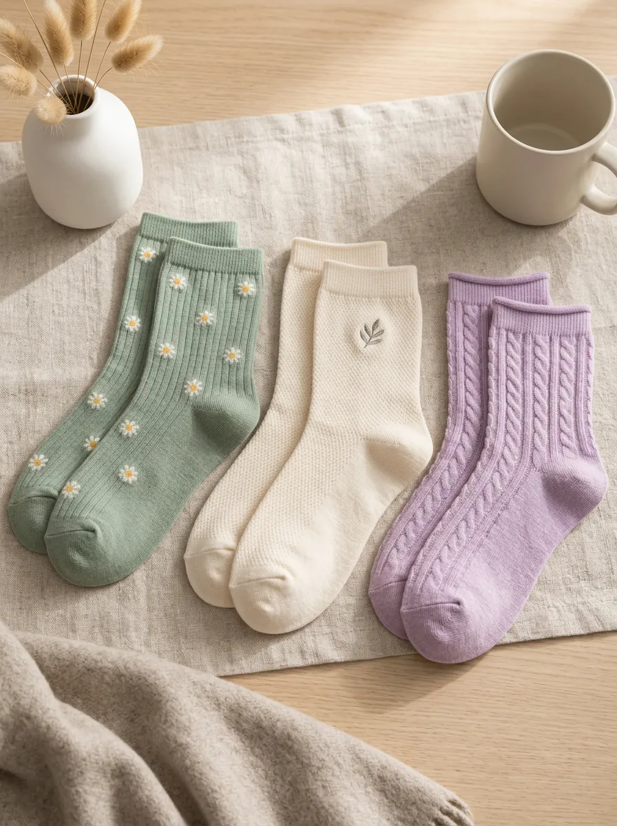 Women's Floral Leaf Cable Knit Printed Socks 3-Pack
