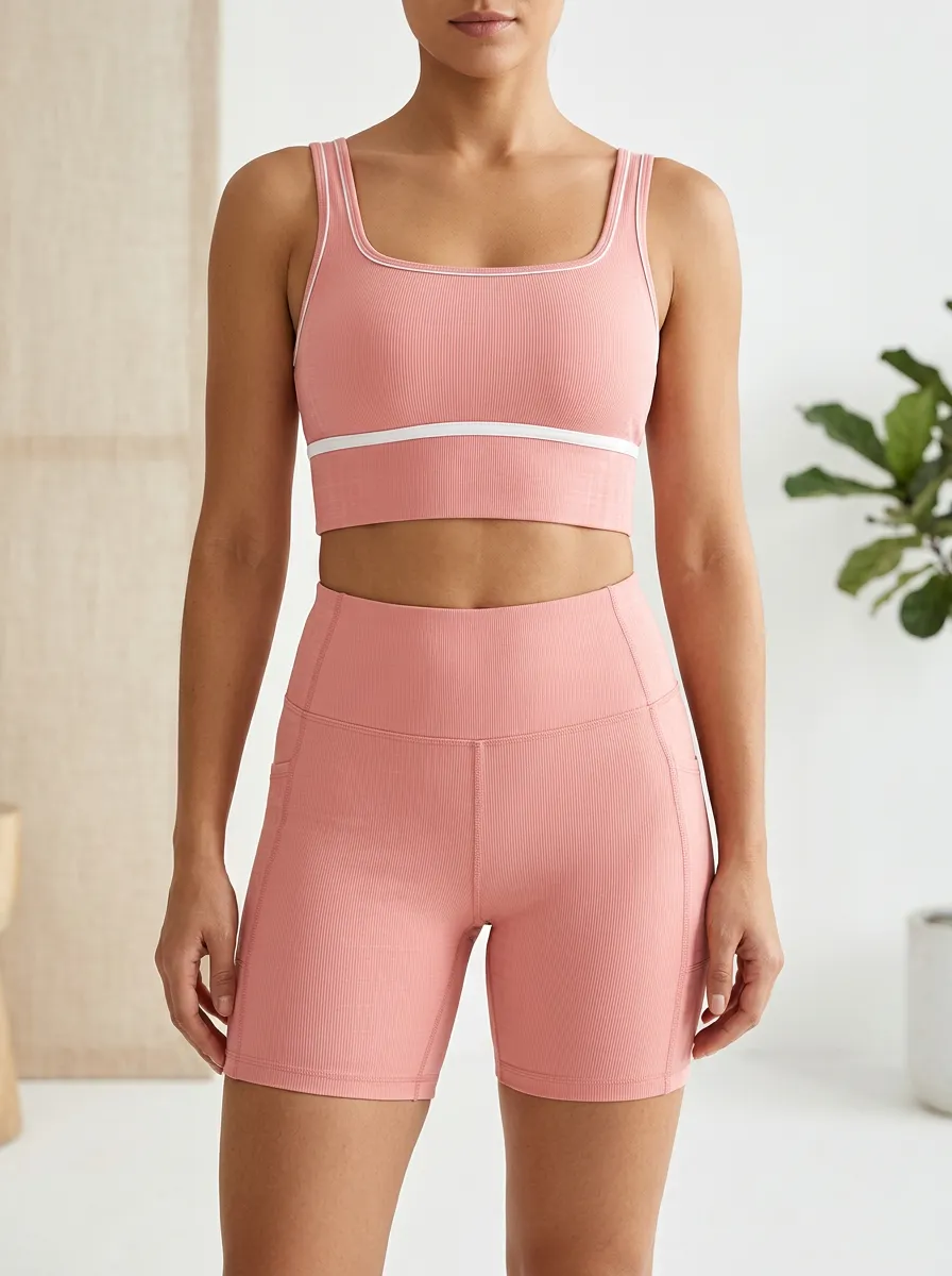 Weekend Ribbed Texture Shape Women's Tank Top And Sports Shorts Set