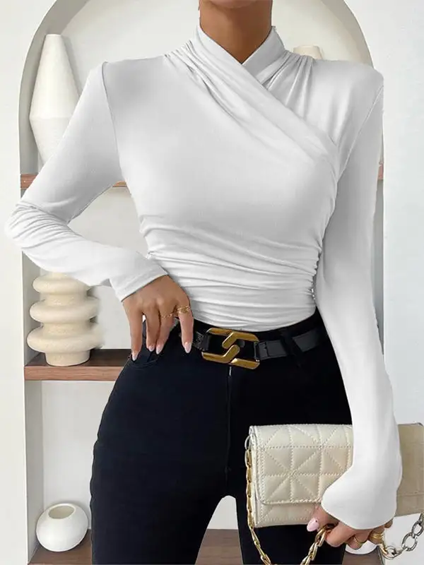 Long Sleeve Slim Fit Pleat Detail Mock Neck T-Shirt