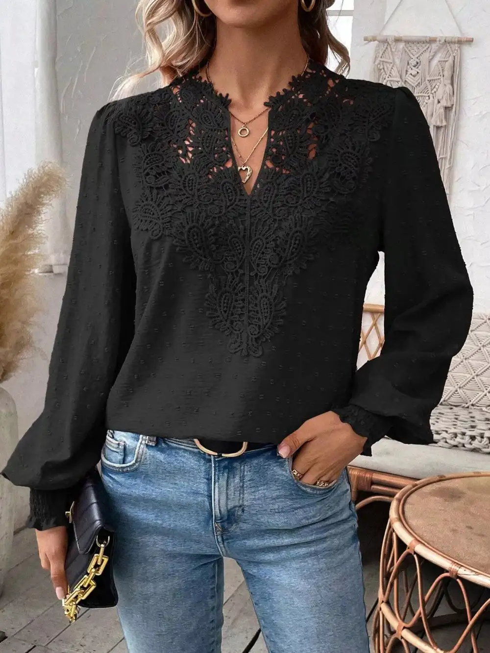 Swiss Dot Lace Detail Long Sleeve Blouse