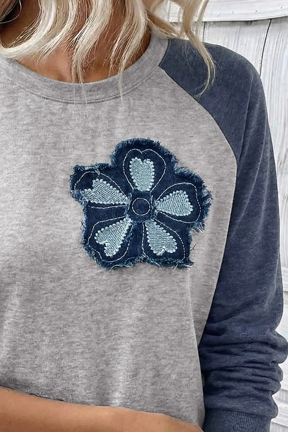 Dark Blue Block Flower Embroidered Top