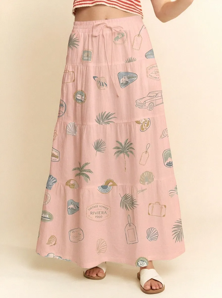 Women's Travel Lover Riviera Vintage Stamp Printed Maxi Skirt