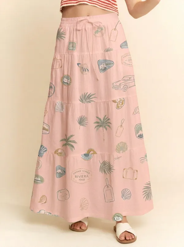 Women's Travel Lover Riviera Vintage Stamp Printed Maxi Skirt