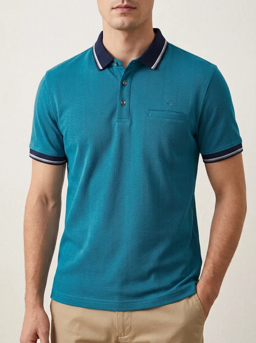 Men's Casual Business Vertical Striped Pocket Polo Shirt