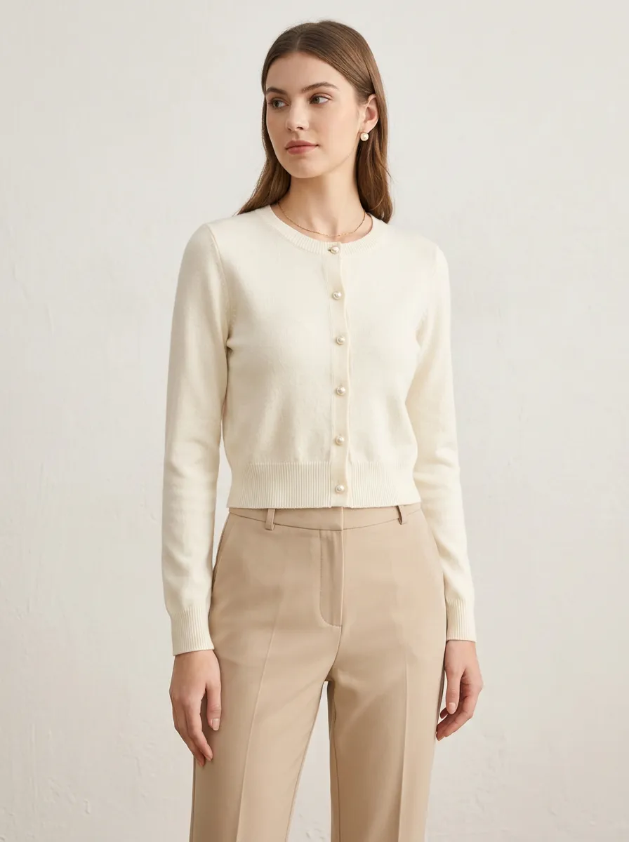 Women's Pearl-Button Crewneck Cardigan Button-Front