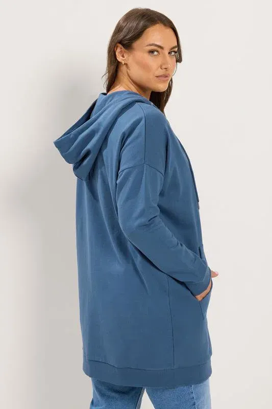 Dark Blue Longline Zip Through Hoodie