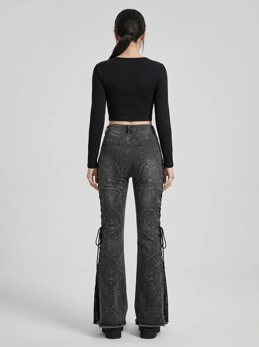 Alternative Skull Rose Moon Edit Women's Gothic Flare Jeans