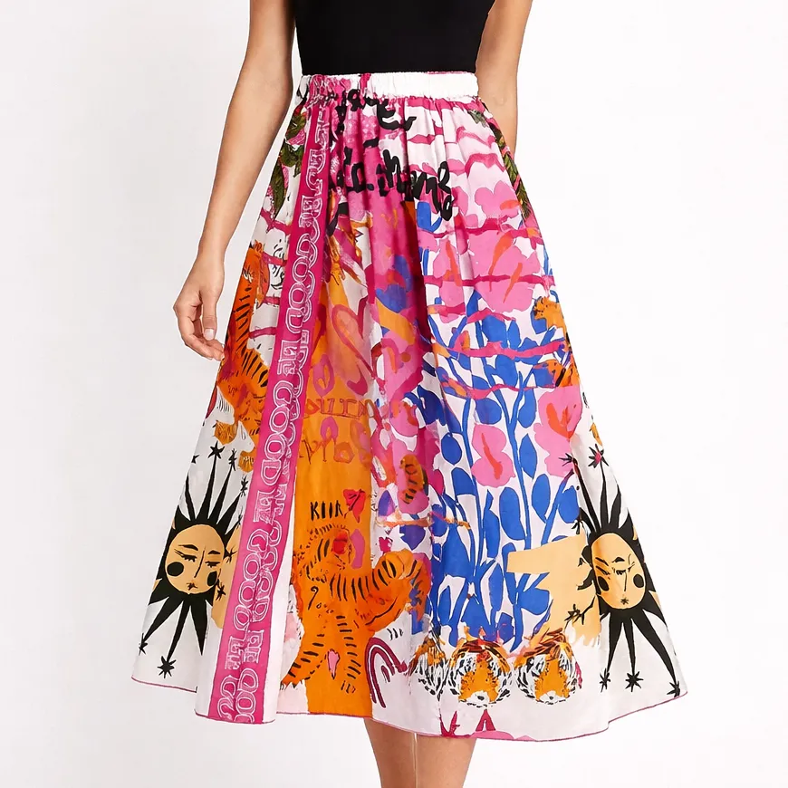 Button Detail Printed Skirt