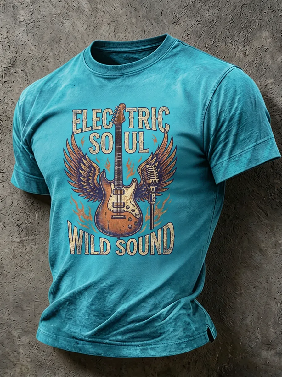 Unisex Rock Music Lover Winged Guitar Microphone Printed T-shirt
