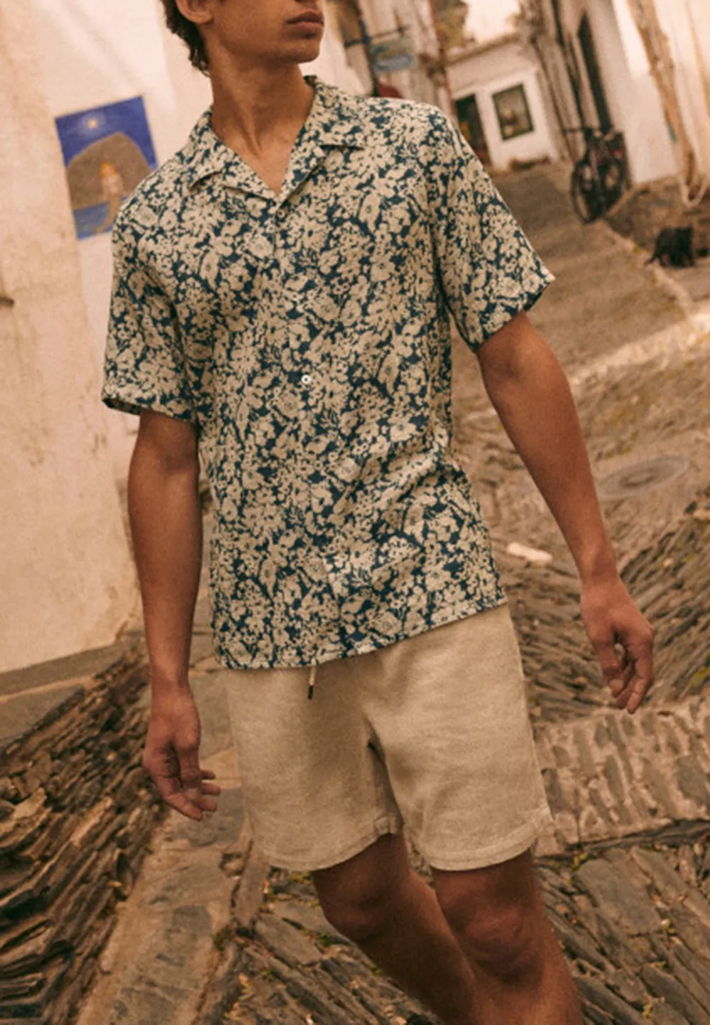 Light Orange Floral Print Short Sleeve Cotton Shirt